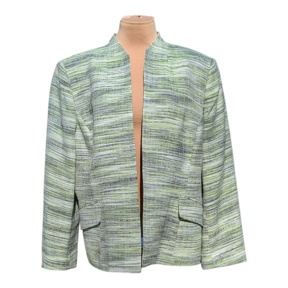 Kasper Women's Green White Open Front Blazer Jacket Size 18 Career Office Tweed